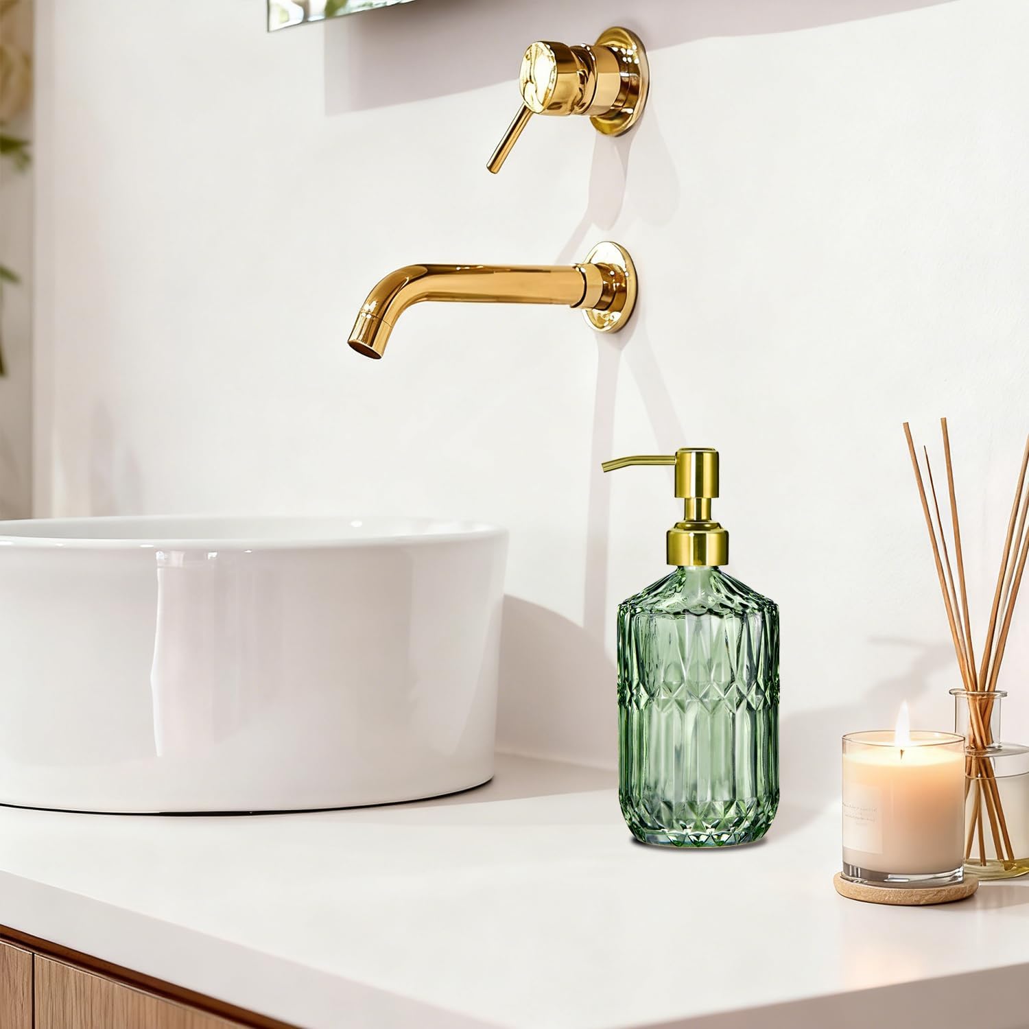 17 Oz Green Glass Kitchen Soap Dispenser for Dish Soap, 2 Pack Bathroom Soap Dispenser Set with Gold Rust Proof Pump