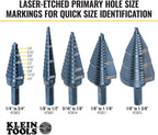 Klein Tools KTSB03 Step Drill Bit Double Fluted #3, 1/4 to 3/4-Inch with Easy-to-Read Markings and Targets, 3/8-Inch Hex Shank