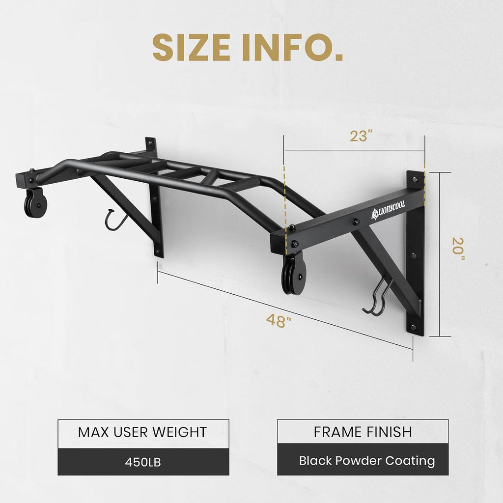 Multifunctional Wall Mounted Pull Up Bar with Pulley System, 48" and 16"/24" Multi-Grip Chin Up Bar, Cable Pulley