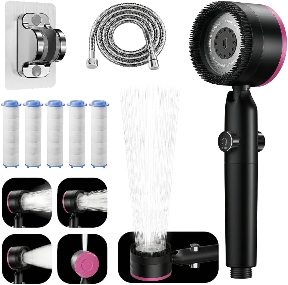 Filtered Handheld Shower Head, High Pressure Power Showerhead with 5 Filters & 59" Flexible Hose, 360° Rotating