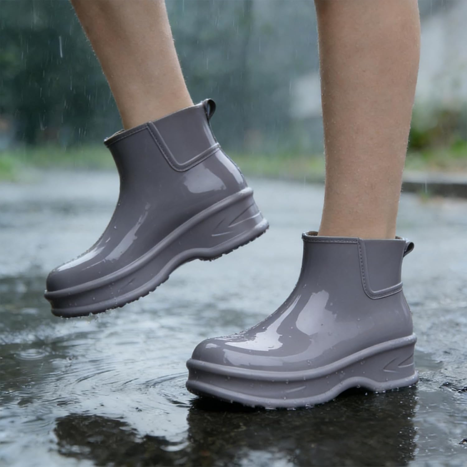 Women's Mens Waterproof Chelsea Ankle Boots Slip On Thick Lug Sole Garden Booties Mid Calf Short Rain Boots Non Slip