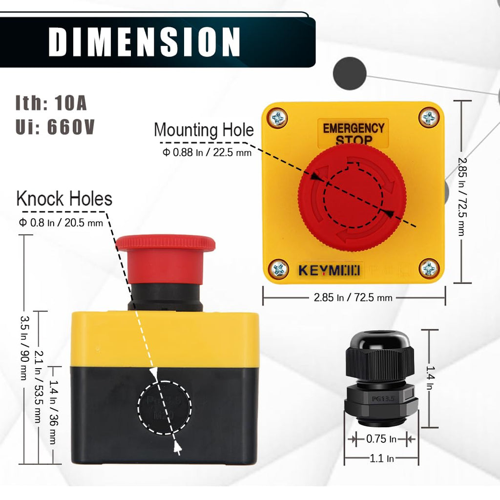 Emergency Stop Push Button Switch,1NC 10A 660V with Waterproof Box IP65, 2pcs PG13.5 Black Connectors (1)