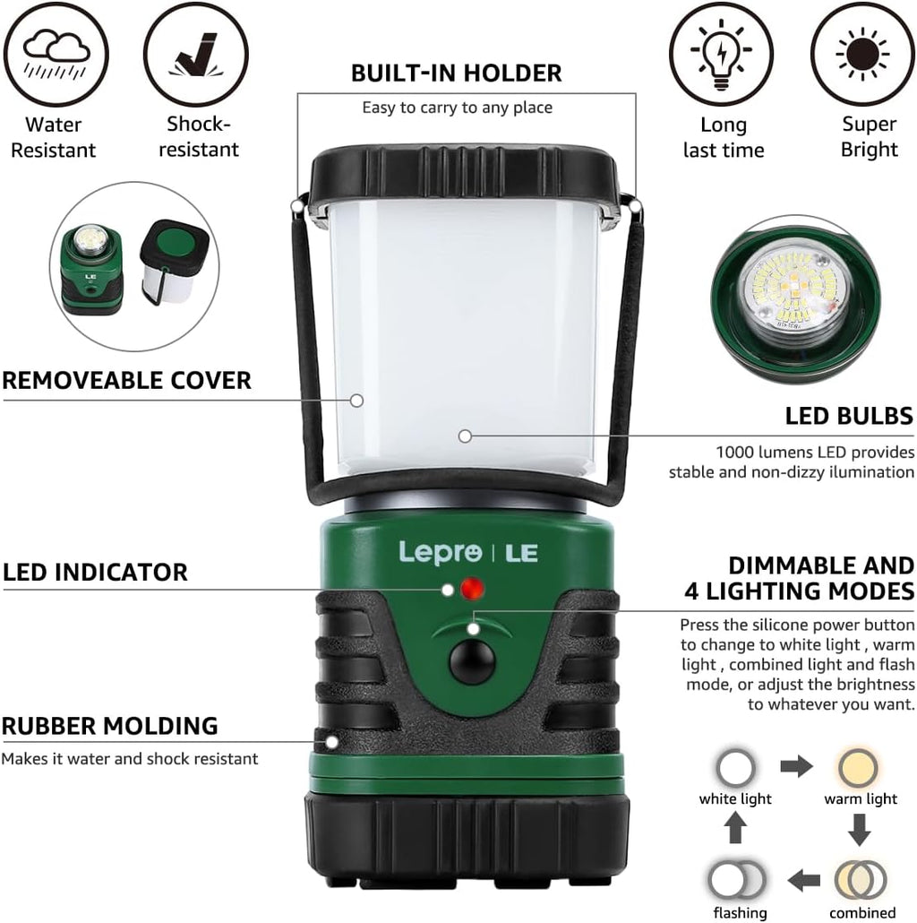 1000LM LED Camping Lantern Rechargeable, 4400mAh Green Tent Light with 4 Light Modes, Waterproof Lantern Flashlight