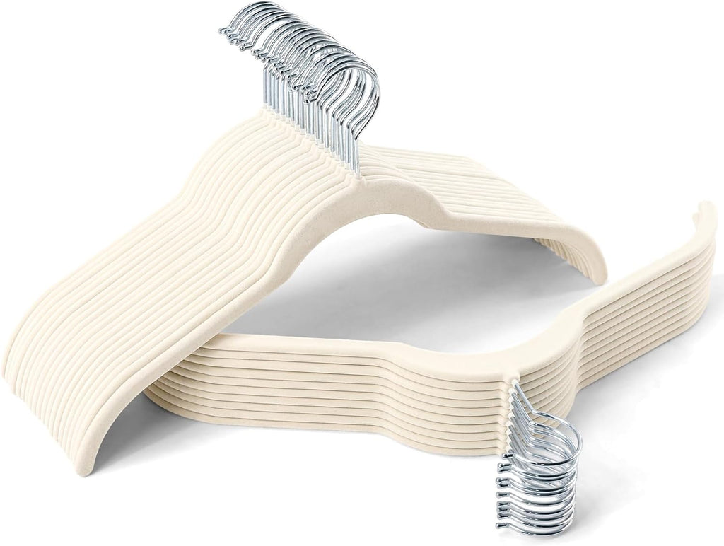 Velvet Shirt Hangers 30 Pack, Slim Felt Hangers Beige | Non-Slip Flocked Surface; 360° Swivel Hooks; Space-Saving