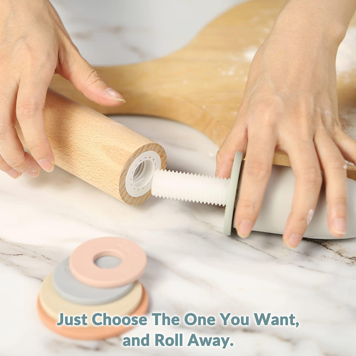 Adjustable Wood Rolling Pin with 5 Thickness Rings, Precise Dough Roller Handle Press Design with Measurement Guide
