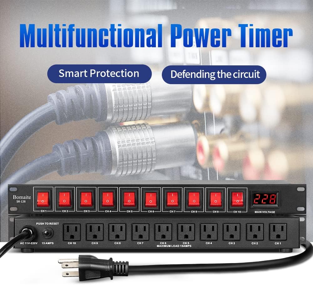 SR-128 10 Outlet Power Sequencer Conditioner - 15A 1800W AC power Rack Mount Switch Conditioner, Pro Audio Digital