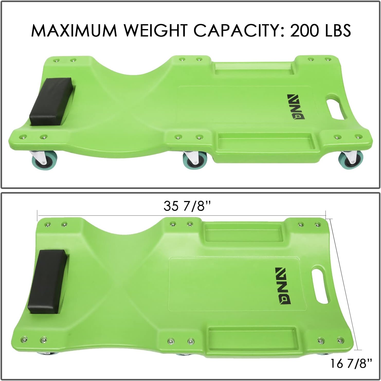 40Inch Low Profile Plastic Rolling Garage Shop Creeper with Padded Headrest,Tool Trays & 6pcs Casters,Green, TOOLS-00218