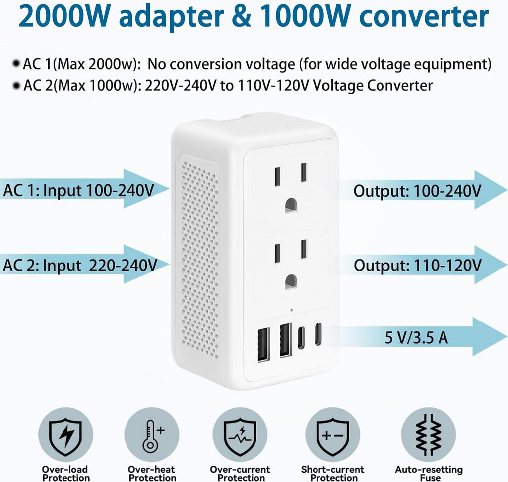2000W 220V to 110V Voltage Converter US to Europe for Hair Dryer, Converter for European Travel, International
