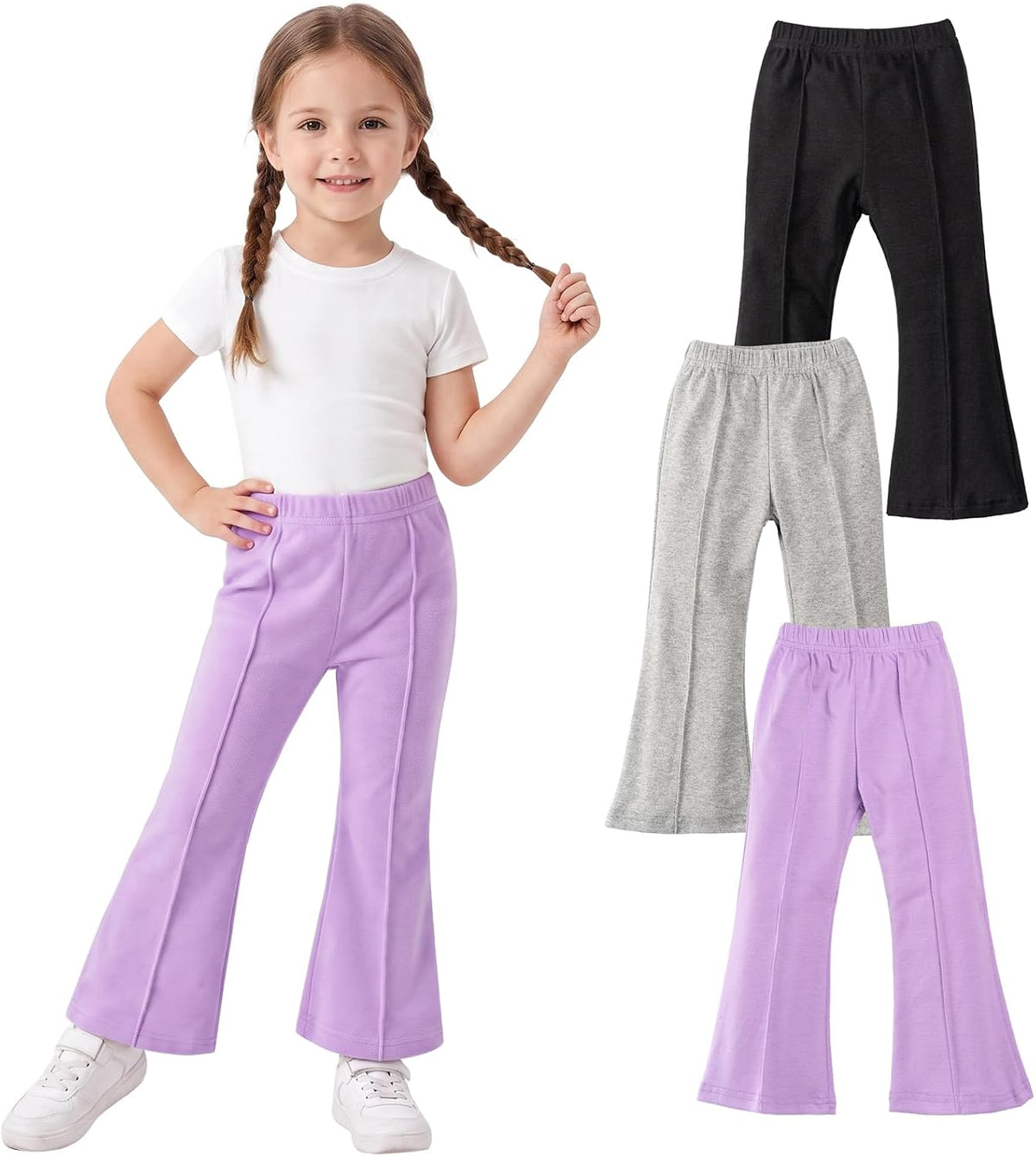 Toddler Girl Flare Pants 3 Pack Ruffle Ribbed Baby Bell Bottoms Slub Cotton Solid Elastic Waist Trousers