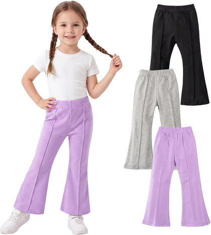 Toddler Girl Flare Pants 3 Pack Ruffle Ribbed Baby Bell Bottoms Slub Cotton Solid Elastic Waist Trousers