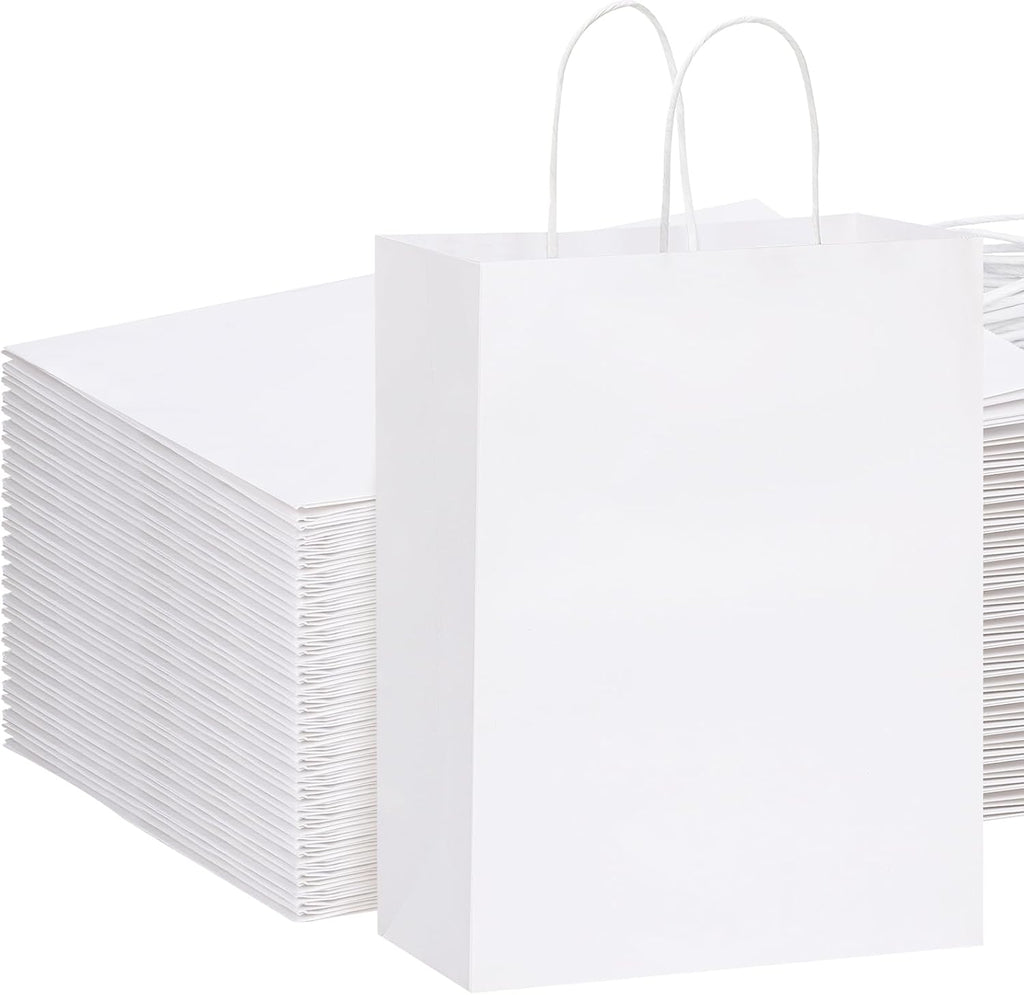 100pcs 10x5x13 White Paper Bags with Handles Large Paper Gift Bags