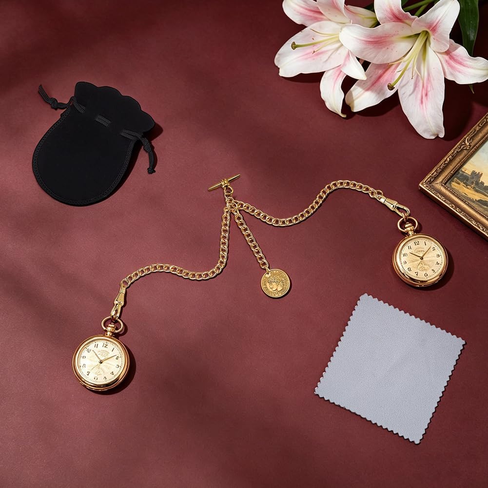 Gold Pocket Watch Chain with Queen Charm Medal Swivel Clasp Metal Albert Pocket Watch Chain T-Bar Vest Chains for Men