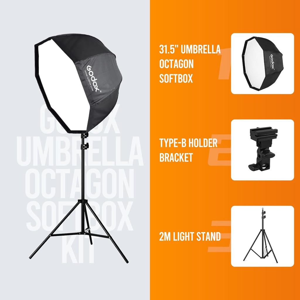 Photo Studio 80cm 31.5in Portable Octagon Umbrella Softbox | 190cm Light Stand with Hot Shoe Holder Bracket kit for