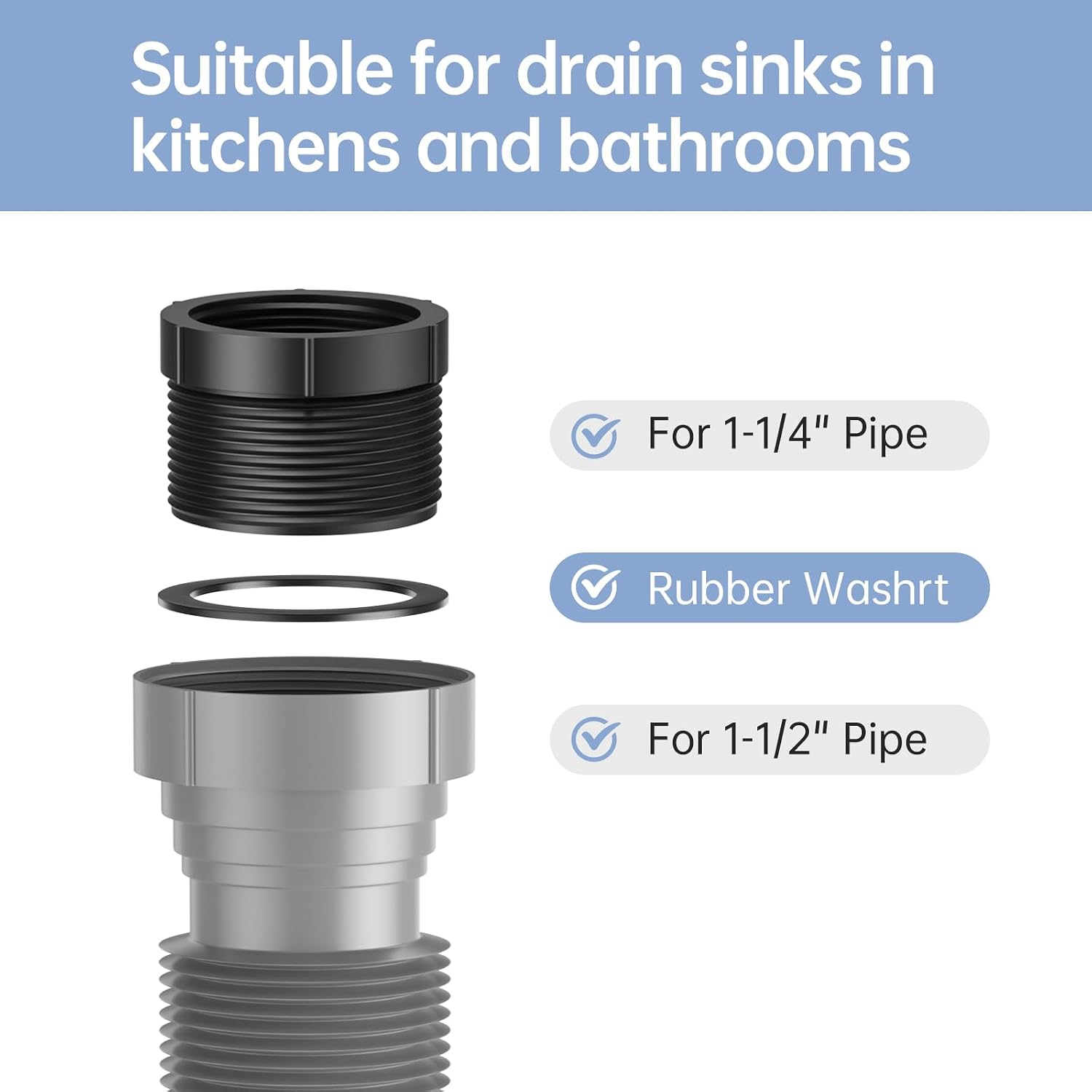 2 Packs Expandable Flexible P-Trap Pipe Kit (1 1/2" or 1 1/4") Single Kitchen Sink Drainage Solution Includes Adapter