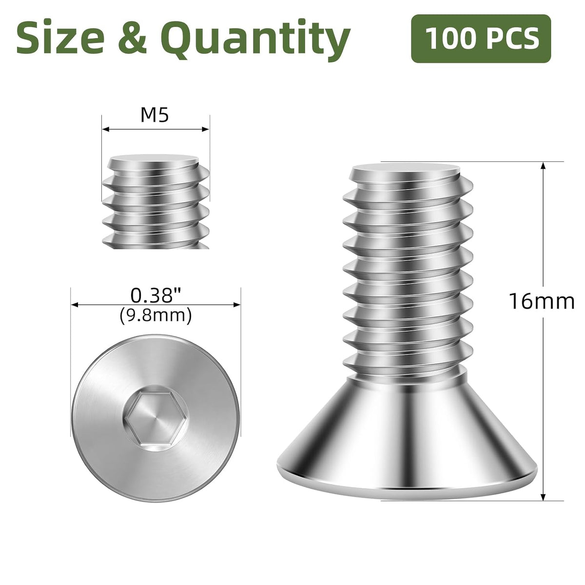 100 PCS M5 x 16mm Flat Head Socket Cap Screws Bolts, Countersunk Allen Bolts, Stainless Steel 304, Full Thread, Bright Finish, Screwdriver Included