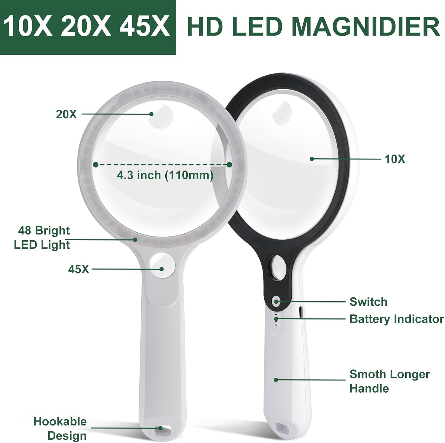 Magnifying Glass with 48 LED Light, 10X 20X 45X Handheld Illuminated Lighted Magnifier with 5 Light Modes