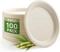9 Inch Natural Compostable Sugarcane Paper Plates,100 Pack