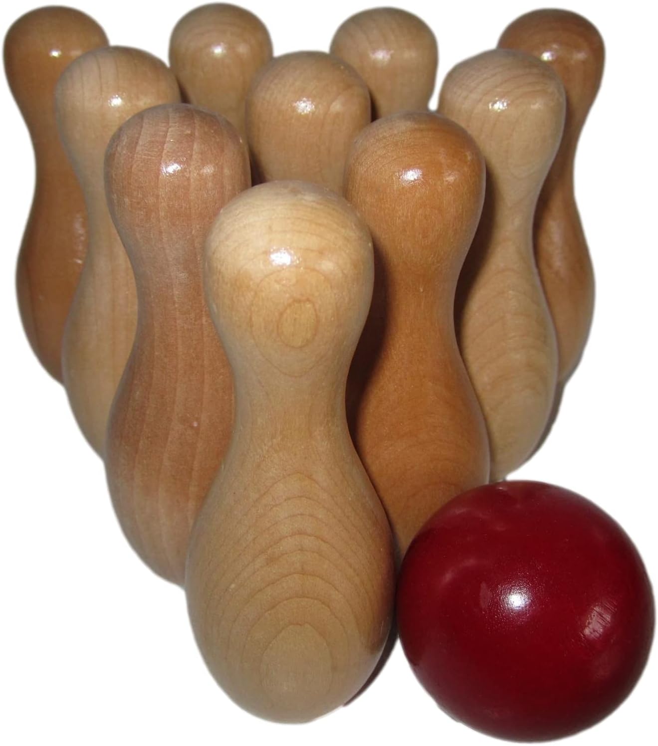Wooden Shuffleboard Bowling Pin Set with Red Ball – 10-Piece Mini Bowling Pins, Solid Wood Tabletop Game Accessory