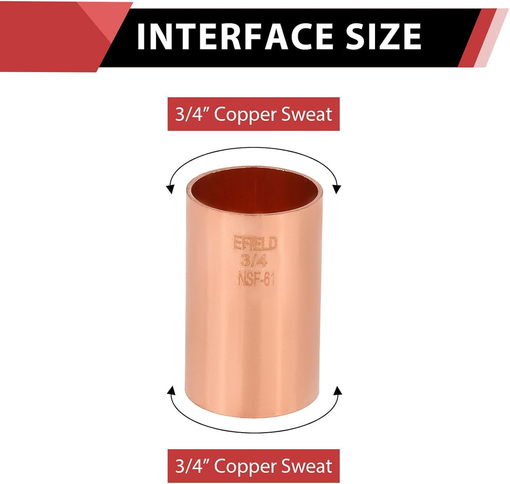 30Pcs EFIELD 3/4" X 3/4" CxC Copper Slip Coupling, No Stop(COPPER033-30)