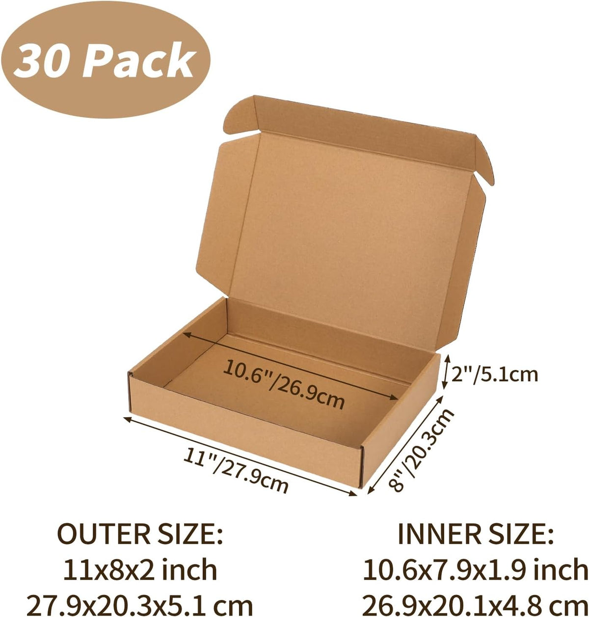 11x8x2 inch Cardboard Shipping Box, Set of 30 Mailing Boxes, Brown
