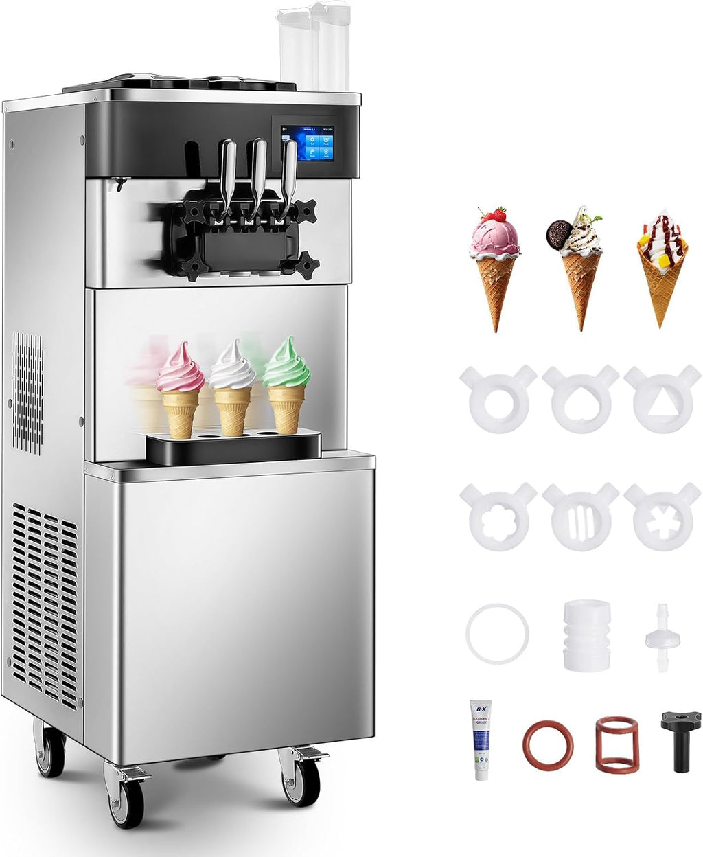 Commercial Ice Cream Machine 5.8-7.9 Gal/h, 3 Flavors Soft Serve Ice Cream Machine with 14L Hopper, Auto Clean Ice