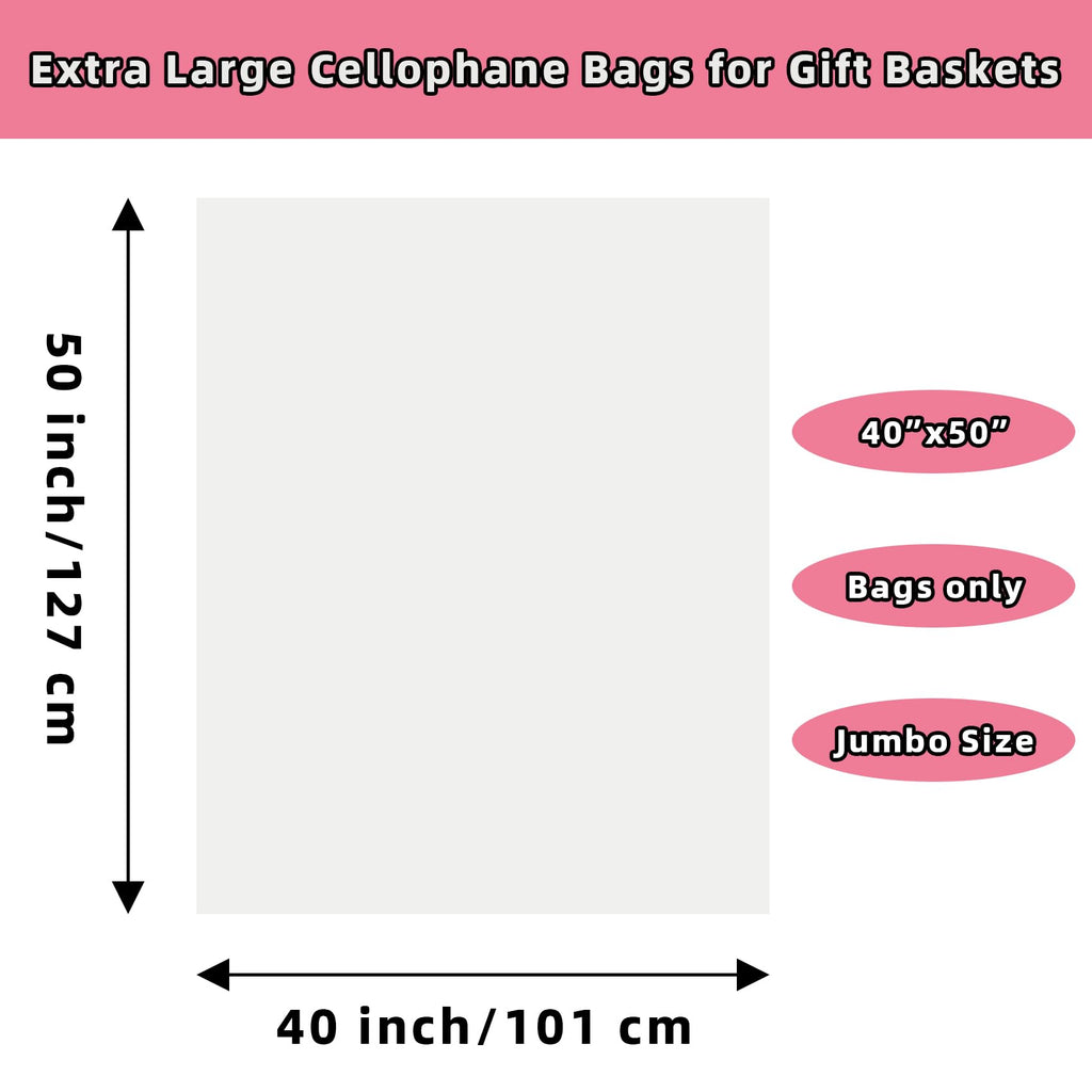 40x50 In Extra Large Clear Cellophane Bags for Gift Baskets, 10Pcs
