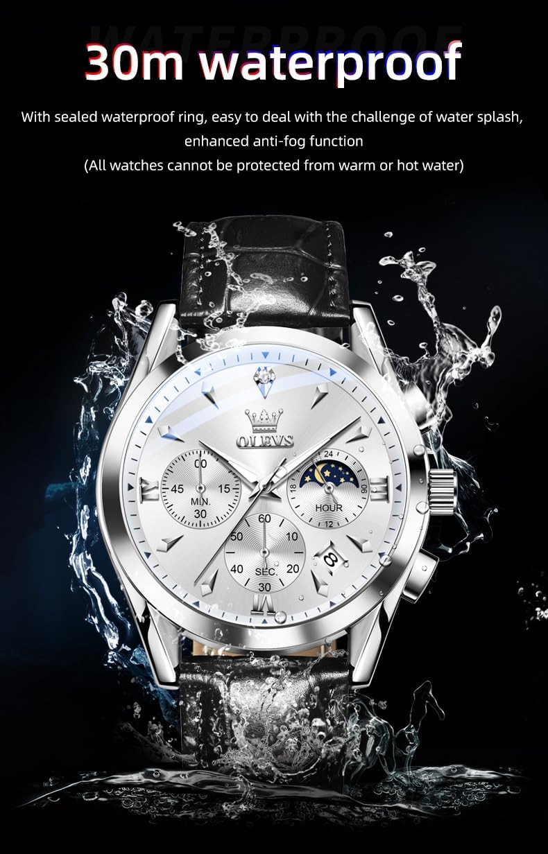 Men's Leather Analog Quartz Watch Luxury Chronograph Watch Waterproof