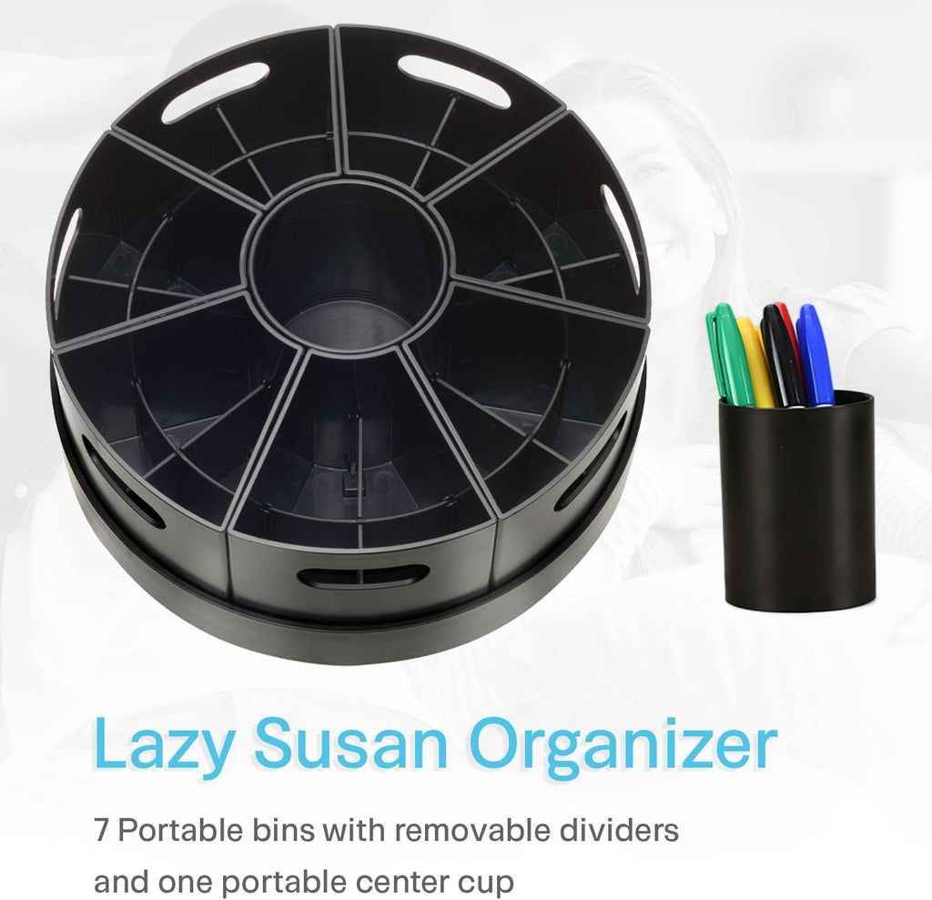 Black Rotating Desk Organizer with Dividers Lazy Susan Caddies for Home School Office Supplies, Pens, Markers and Art