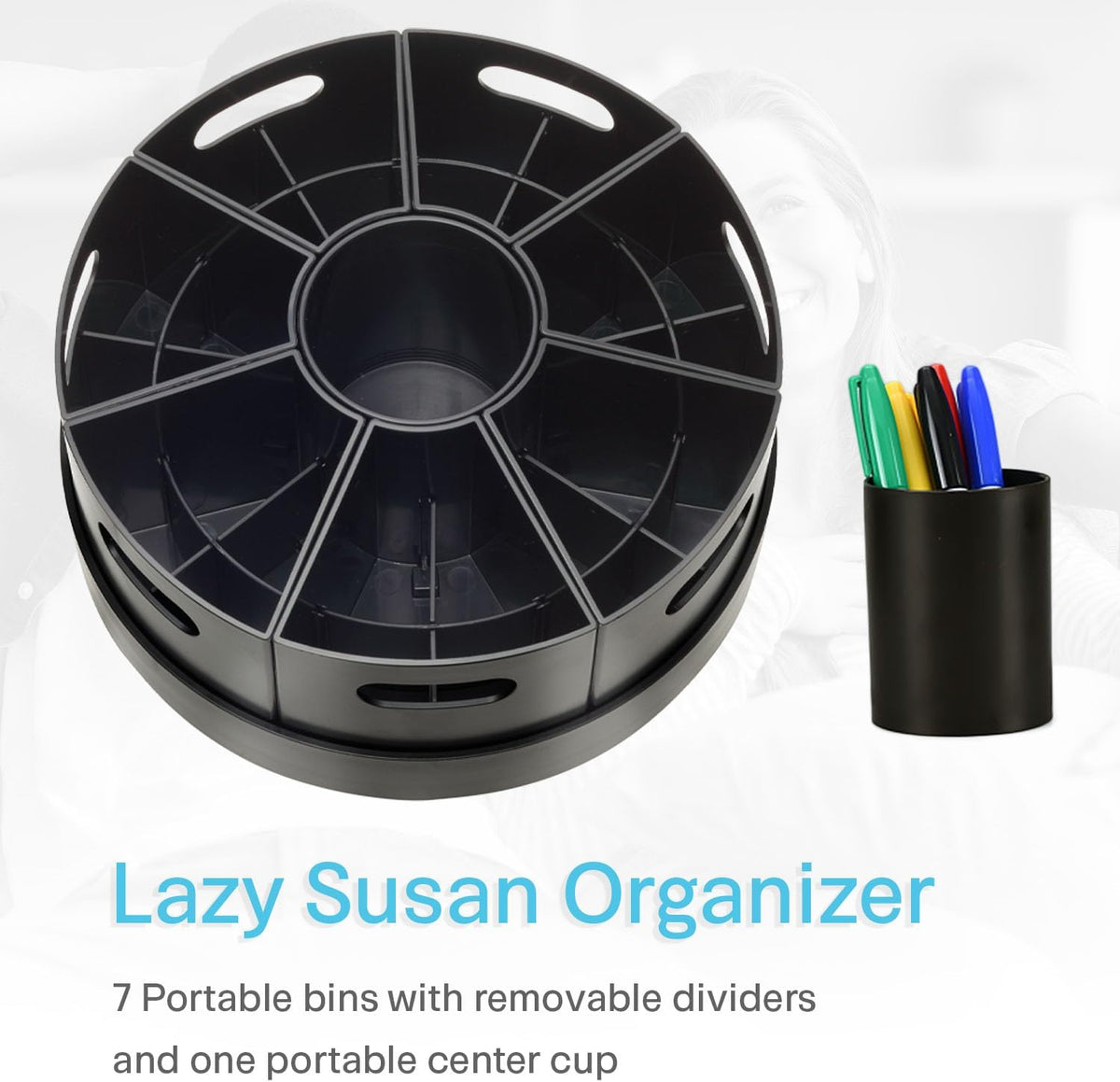 Black Rotating Desk Organizer with Dividers Lazy Susan Caddies for Home School Office Supplies, Pens, Markers and Art