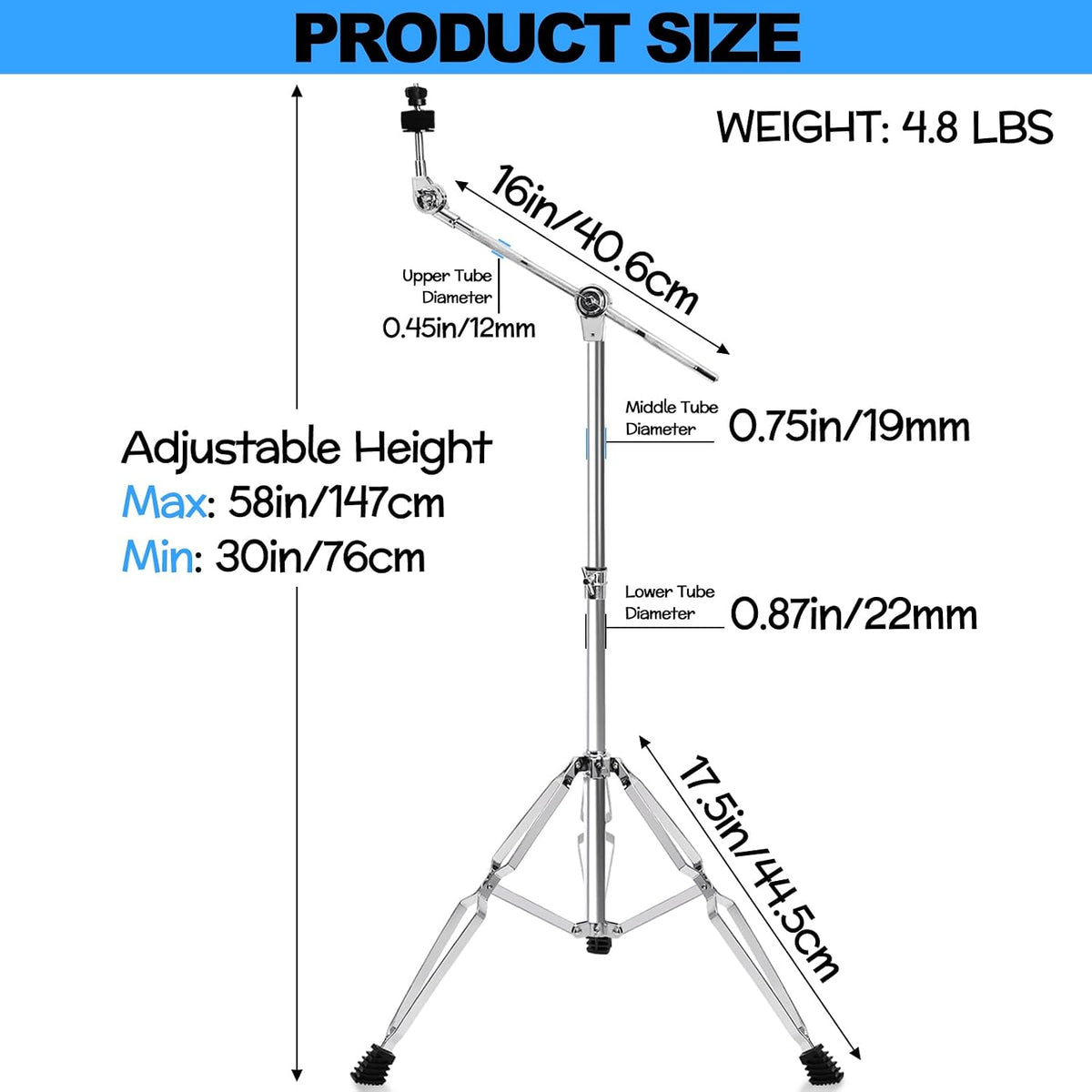 Cymbal Boom Stand Adjustable Height 30"-58", Double Braced Tripod Cymbal Straight Stand with Non-slip Rubber Feet for