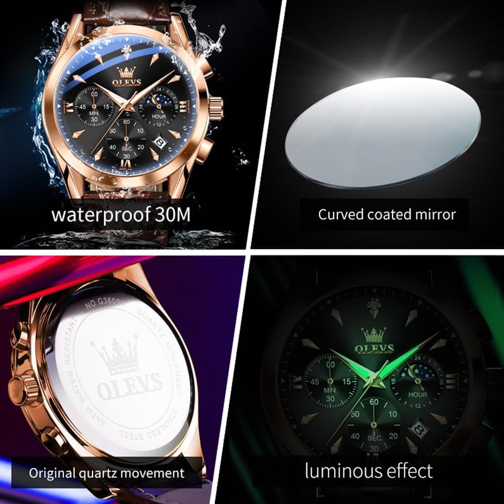 Men's Watches Leather Strap Analog Quartz Watch, Fashion Big Dial Date Waterproof Watch, Dress Luxury Luminous Men