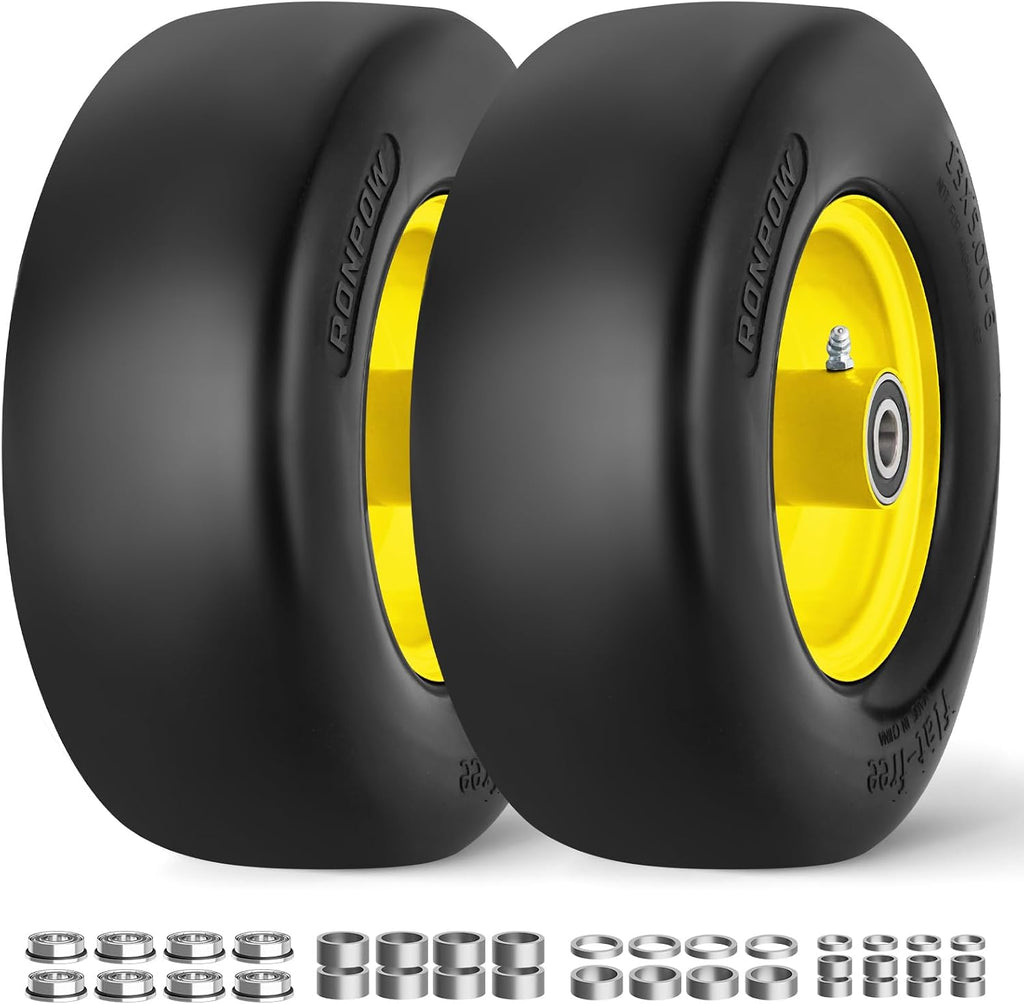 13x5.00-6 Flat Free Lawn Mower Tires and Wheel, for Zero Turn Mower | Universal 3/4", 5/8", 1/2" Bearings, 500 lbs