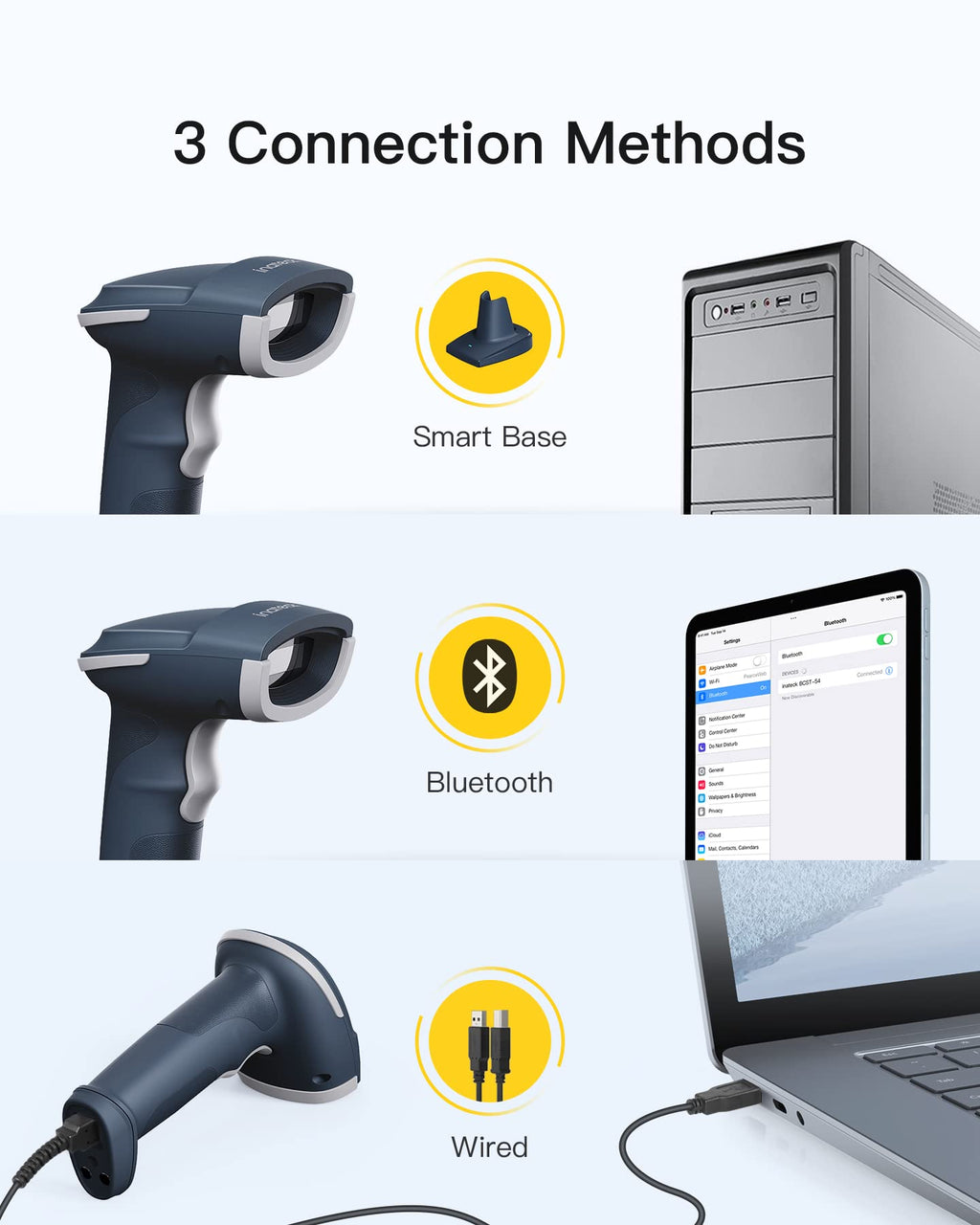 QR Barcode Scanner, 2D Wireless Barcode Scanner, 3 in 1 Barcode Reader, Screen Scanning, BCST-54 Blue