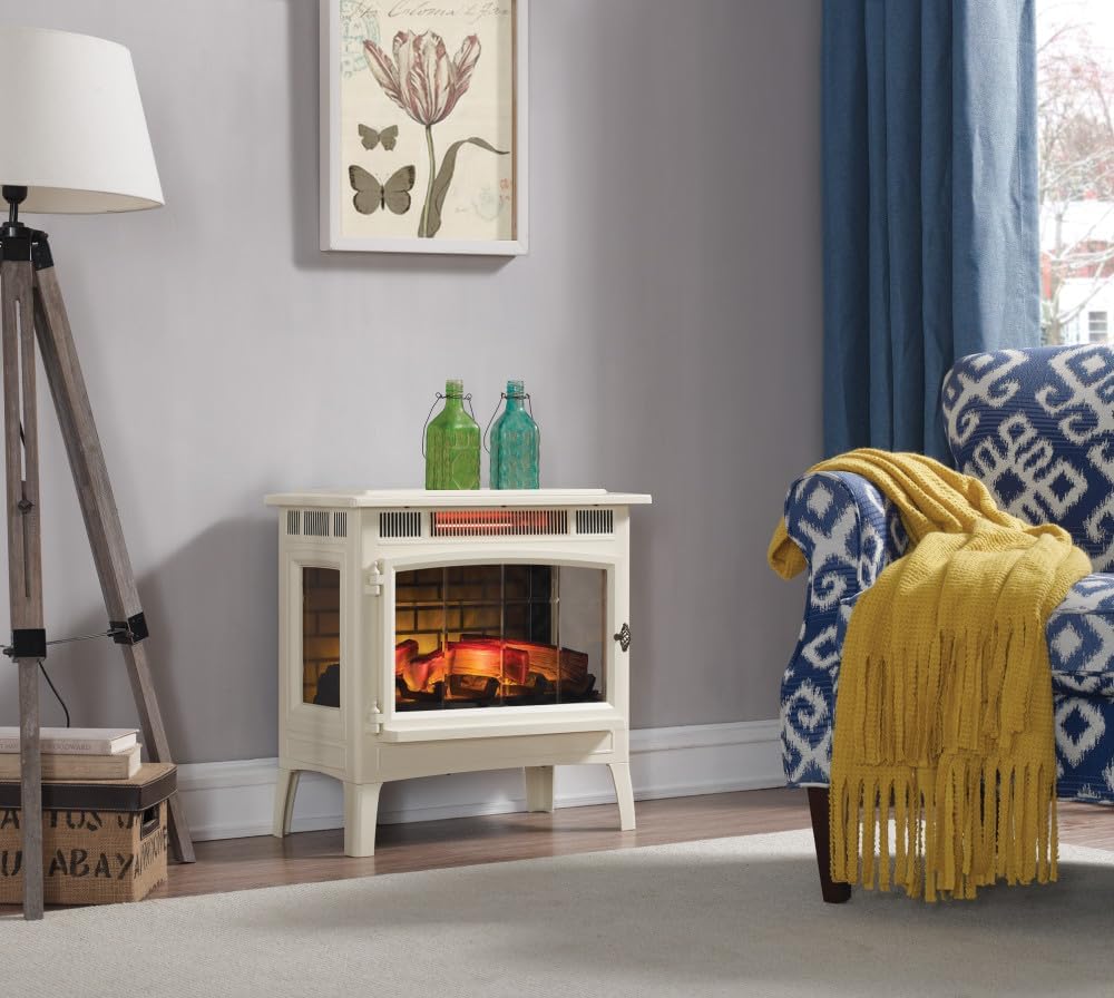 Freestanding Electric Fireplace Stove Heater with 3D Flame Effect for 1,000 Sq. Ft. Room, Cream