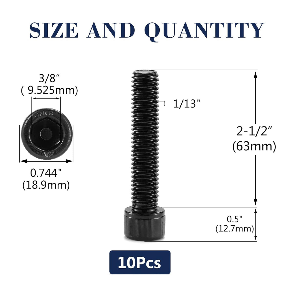 1/2-13 x 2-1/2" Socket Head Cap Screws Bolts, 10Pcs 304 Stainless Steel 18-8, Allen Socket Hex Drive, Full Thread, Black Oxide by SG TZH(with Hex Spanner)