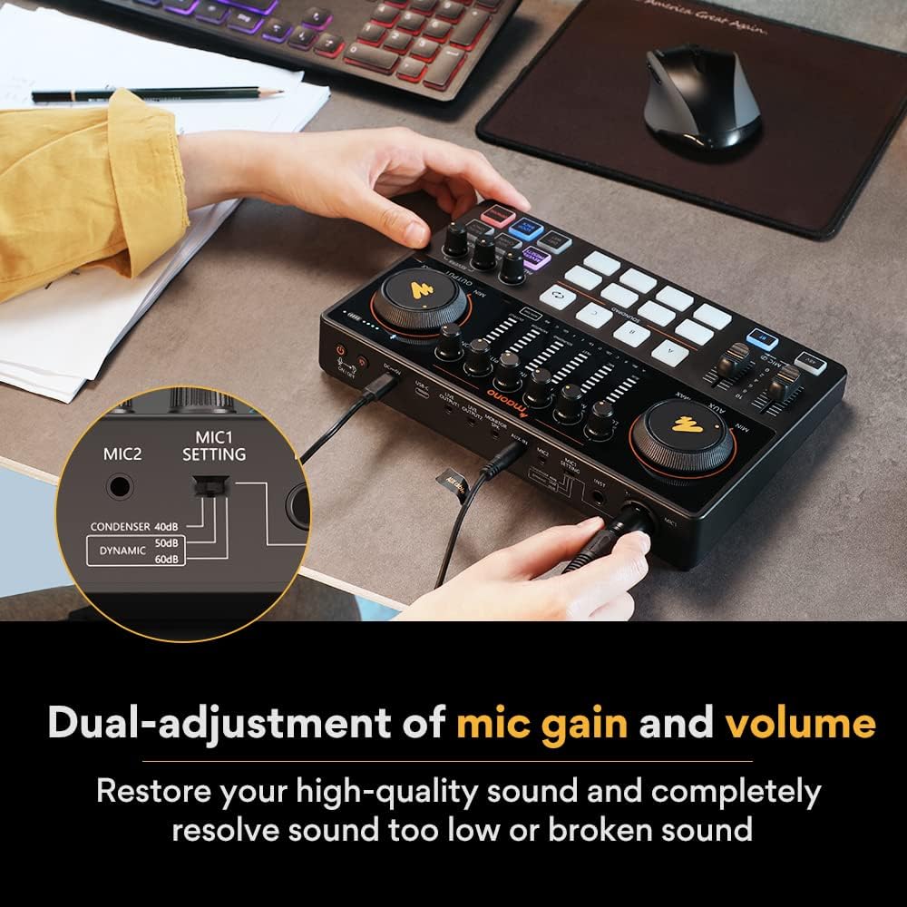 AME2 Audio Interface Mixer, Podcast Studio Console with XLR Input | 48V phantom power, Bluetooth, 11 custom sound