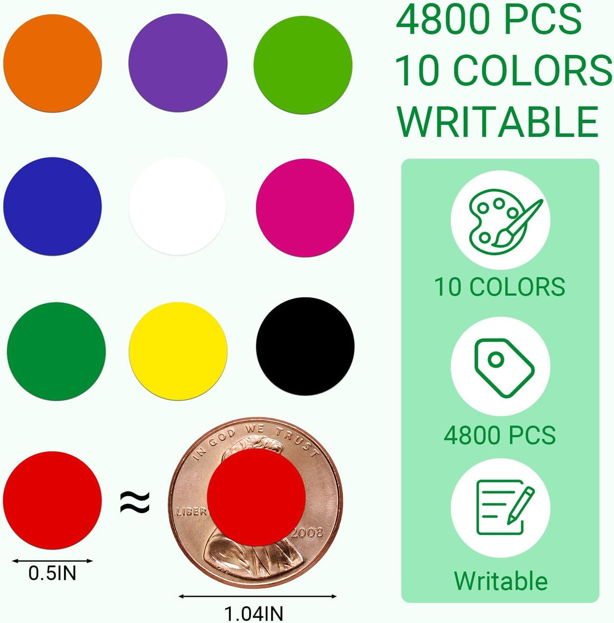 1/2 Inch Colored Dot Stickers, 4800 PCS Round Sticker Labels, Writable Small Circle Stickers with Strong Adhesion &