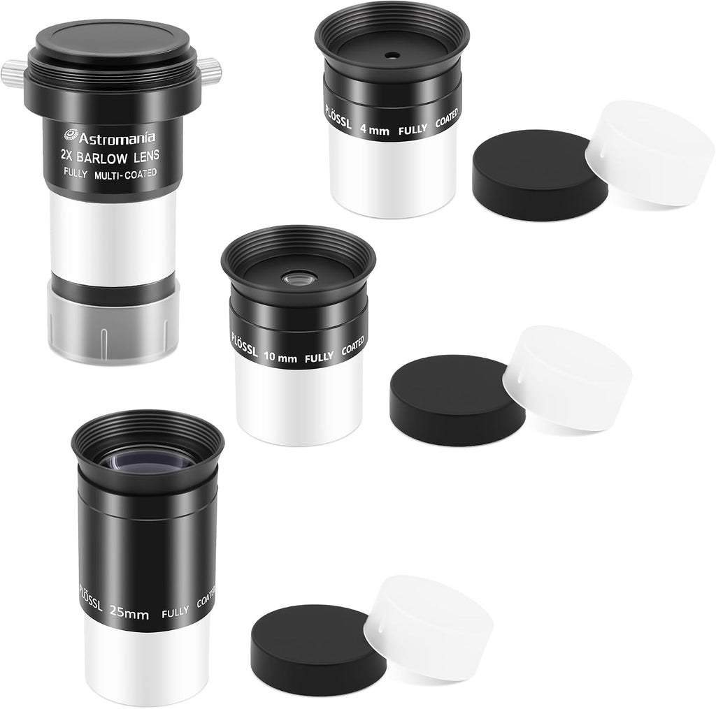 Eyepiece Set with 4 10 25mm Plossl Eyepieces & Barlow Lens 2X | Telescope Accessory Kit, 50 Degree Plossl Eyepiece