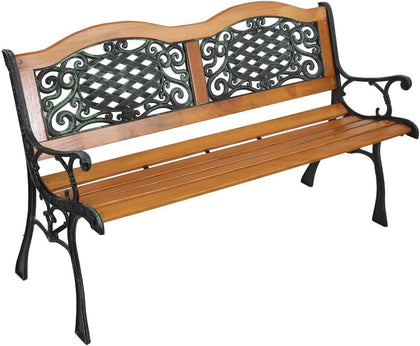 corp 49" Garden Bench Outdoor Patio Park Chair Furniture Natural Hardwood Slats Cast Bronze Iron Frame Curved