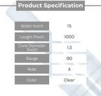Shield Clear Stretch Wrap, 4 Pack, 15 Inch x 1000 Feet, 90 Gauge
