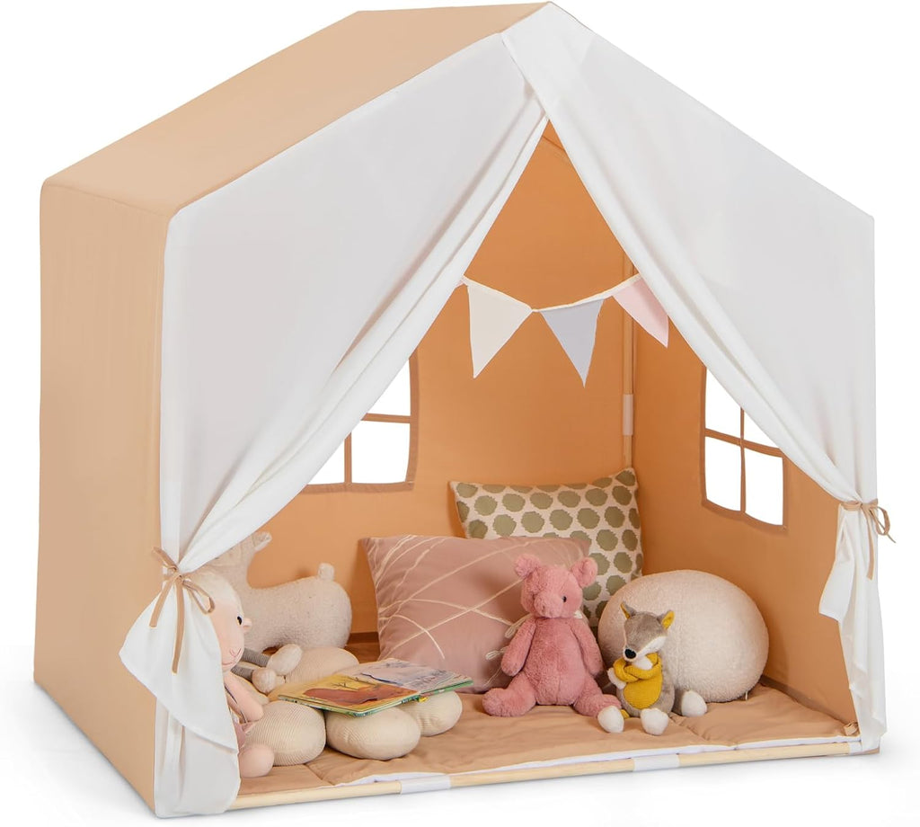Large Kids Tent with Mat, Children's Play Tent w/Flag Banner, Windows, Gauze Curtain, Solid Wood Frame, Indoor