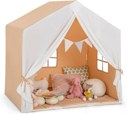 Large Kids Tent with Mat, Children's Play Tent w/Flag Banner, Windows, Gauze Curtain, Solid Wood Frame, Indoor
