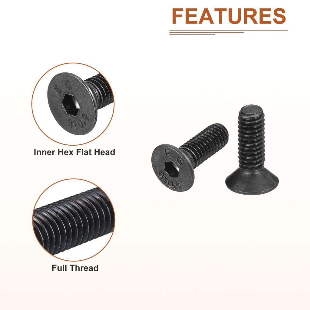 DTGN M4-0.7x10mm Flat Head Socket Cap Screws, 100 Pack Hex Socket Flat Head Screws Carbon Steel Black Oxide, Full Thread, Countersunk Bolts