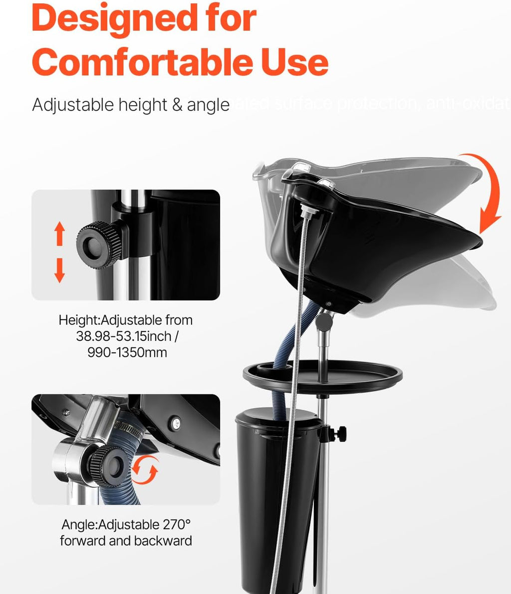 Portable Shampoo Bowl, Deep Shampoo Sink with Adjustable Height & Angle, Washing Hair Station Includes Drain Hose