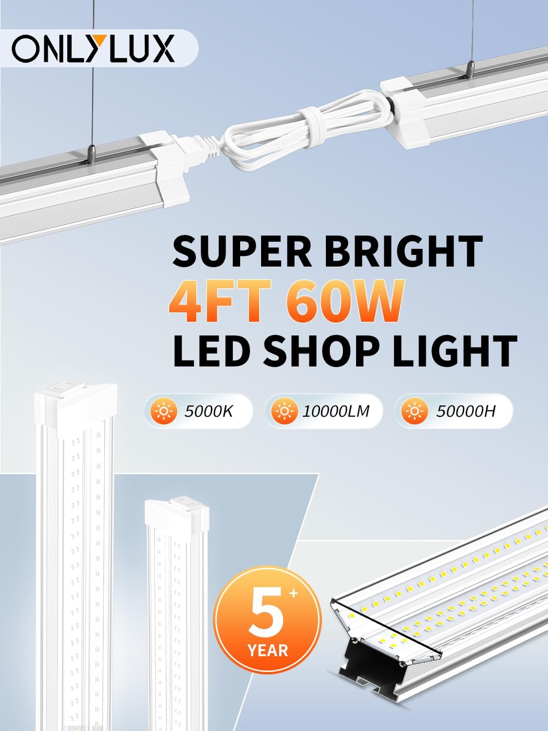 ONLYLUX 4ft LED Shop Lights 60W 10000LM 5000K Linkable Shop Lights 6 Pack