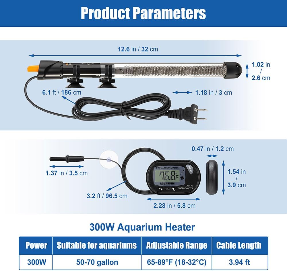 300W Adjustable Knob Aquarium Heater Submersible Fish Tank Heater with Digital Thermometer for Saltwater and