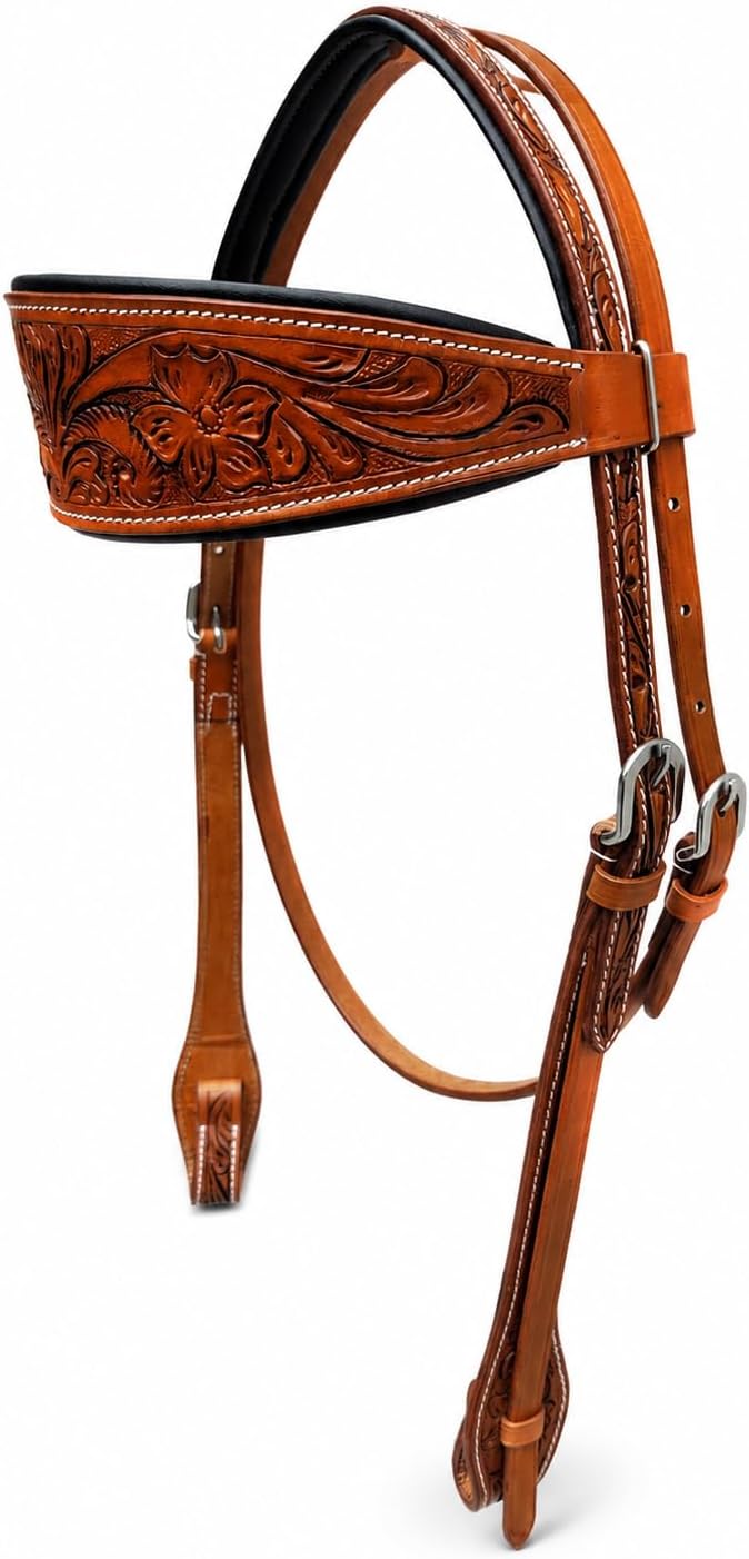 Hottmess Horse Headstall, Natural, Super Leather, Antique, Tooling, Quick Bit Change Western Headstall (Browband, Full)