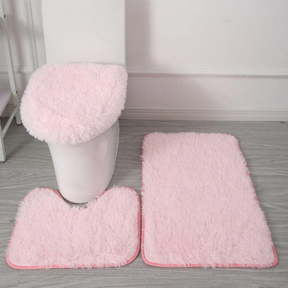 Bathroom Rug Sets 3 Piece Non Slip, Toilet Lid Cover and Contour Mat, Bath Mats Shower Mat for Tub (Pink)