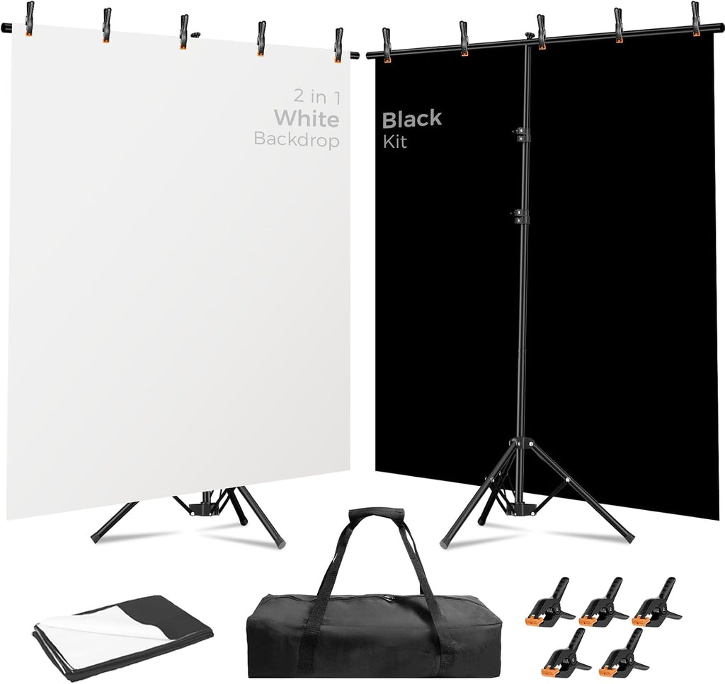 6.5x5ft 2in1 Black&White Photo Backdrop Stand Kit with T-Shape Stand | Reversible 2-in-1 backdrop, black and white