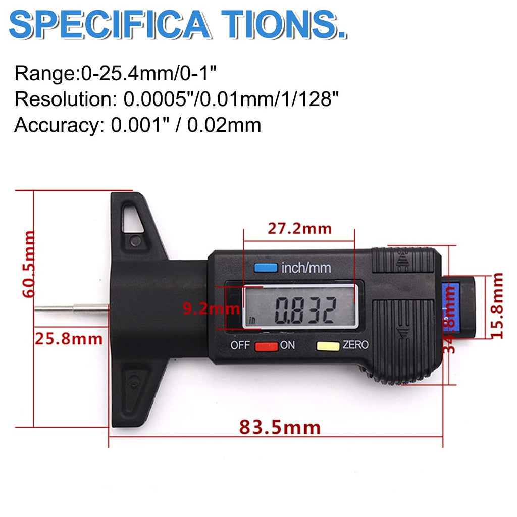 Digital Tire Tread Depth Gauge with LCD Screen, 0-1" Tread Checker, Black